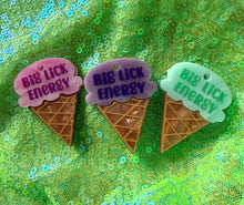 Load image into Gallery viewer, Ice cream cone-shaped 'Big Lick Energy' dog tags on a green sequin background