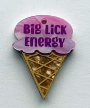 Load image into Gallery viewer, Pink swirled ice cream cone-shaped badge with 'Big Lick Energy' text on a white background