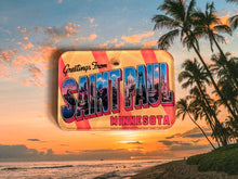 Load image into Gallery viewer, Vintage style post card dog id tag with 'Greetings from Saint Paul, Minnesota' over a beach sunset scene.