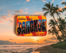 Load image into Gallery viewer, Vintage-style 'Greetings from Bangkok, Thailand' postcard dog id tag with a beach and palm trees in the background