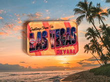 Load image into Gallery viewer, Las Vegas Nevada vintage postcard design dog ID tag with a beach and palm trees in the background