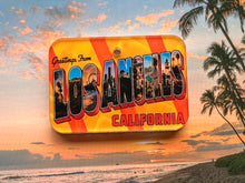 Load image into Gallery viewer, Vintage-style 'Greetings from Los Angeles, California' postcard pet ID tag with beach and palm trees in the background