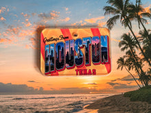 Load image into Gallery viewer, Vintage-style 'Greetings from Houston Texas' postcard dog id tag with a beach and palm trees in the background.

