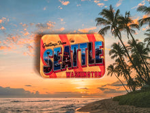 Load image into Gallery viewer, Vintage-style 'Greetings from Seattle, Washington' postcard dog id tag with palm trees and sunset background 
