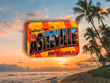 Load image into Gallery viewer, Vintage-style 'Greetings from Asheville, North Carolina' postcard dog id tag with a beach and palm trees in the background.
