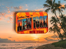 Load image into Gallery viewer, Sunny beach scene with 'Greetings from New York New York' dog id tag overlay 

