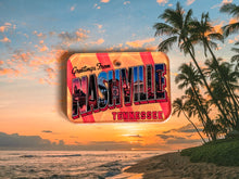 Load image into Gallery viewer, Vintage-style 'Greetings from Nashville, Tennessee' postcard design dog ID tag with palm trees and sunset.
