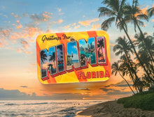 Load image into Gallery viewer, Miami, Florida vintage postcard design dog ID tag  on a beach with palm trees and sunset background 
